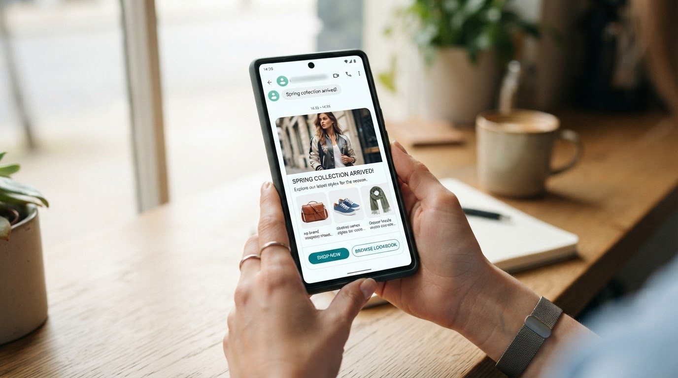 Mobile phone screen showing an RCS message with product images, interactive buttons, and rich formatting