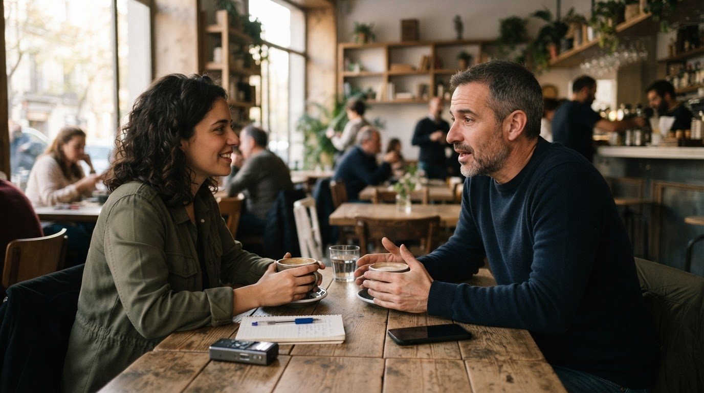 Periodista tomando café con una fuente en un encuentro informal