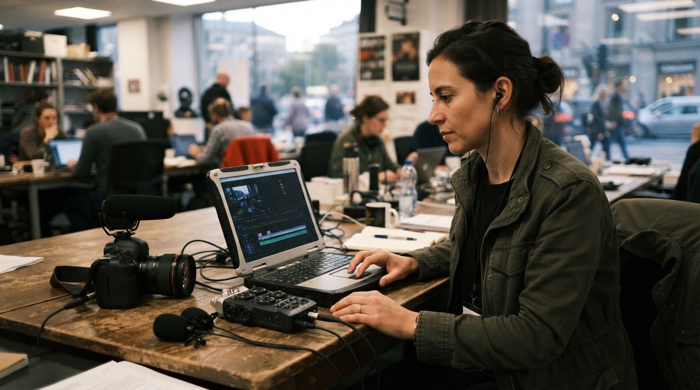 Periodista trabajando con ordenador, cámara y equipo de grabación de audio