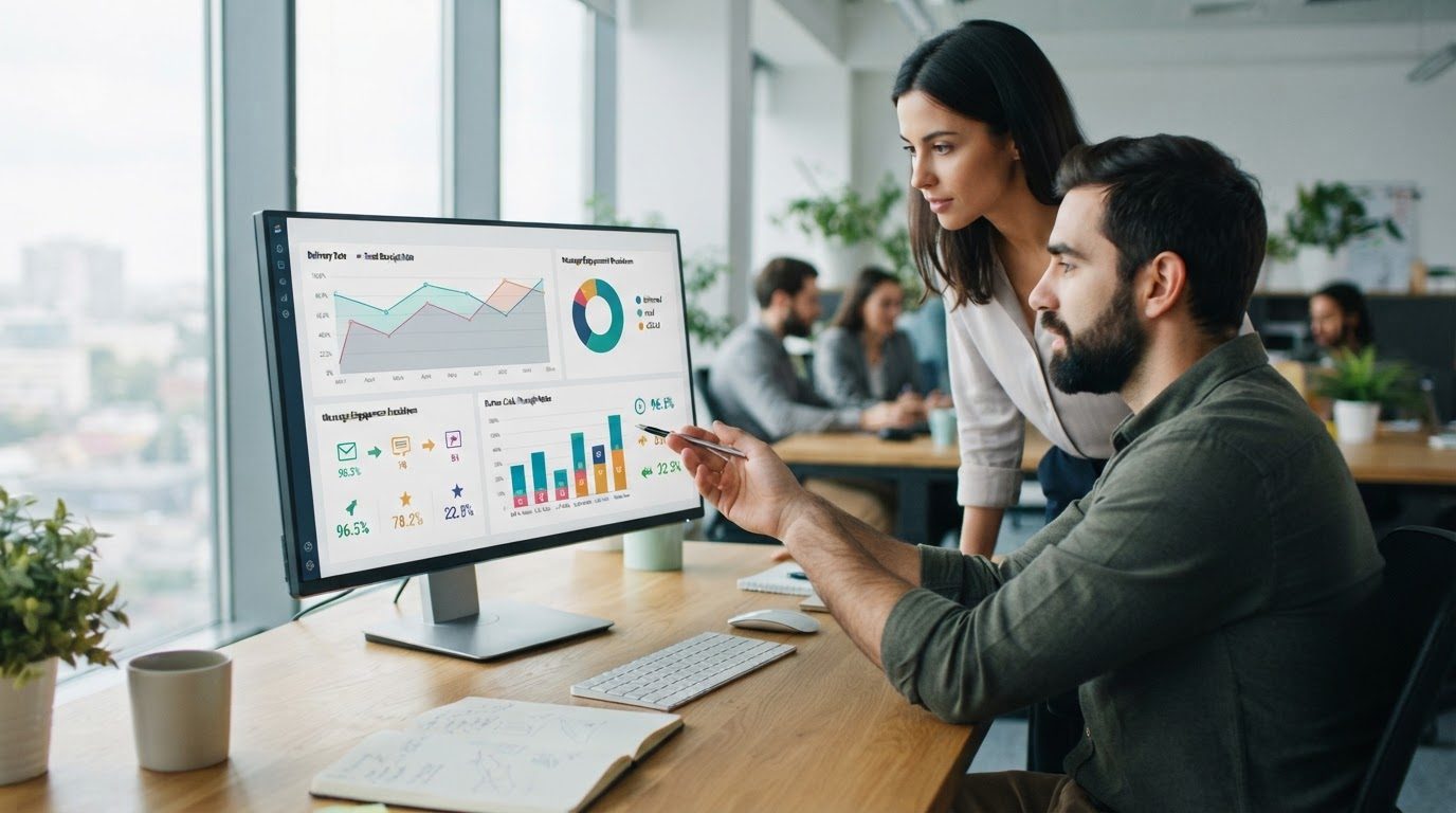 Dashboard showing RCS message analytics including delivery rates, read receipts, and button click-through rates